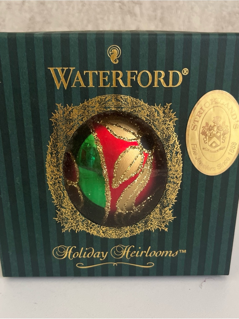 Waterford Holiday Heirloom Lismore Gold Ball Ornament Red Green Gold Glitter Y2K